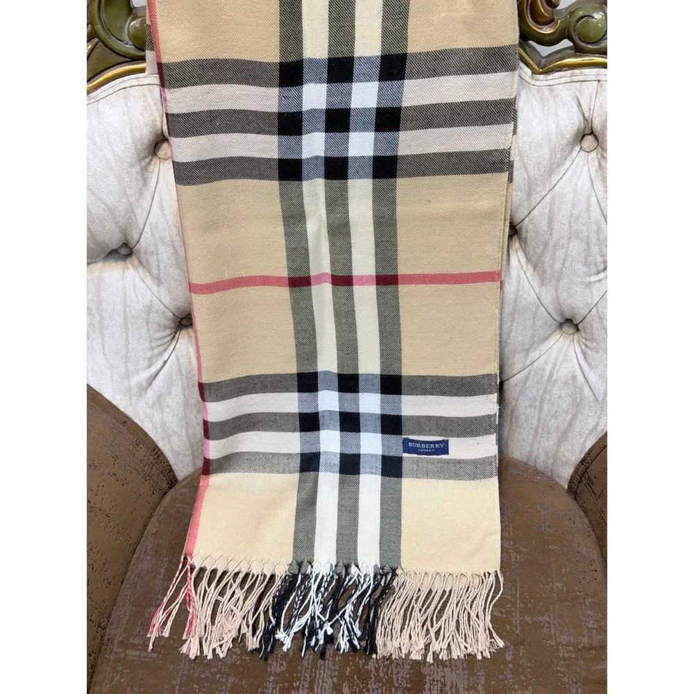 Burberry London Scarf Nova Check Tan Plaid Fringe Trim Unisex Designer Wrap